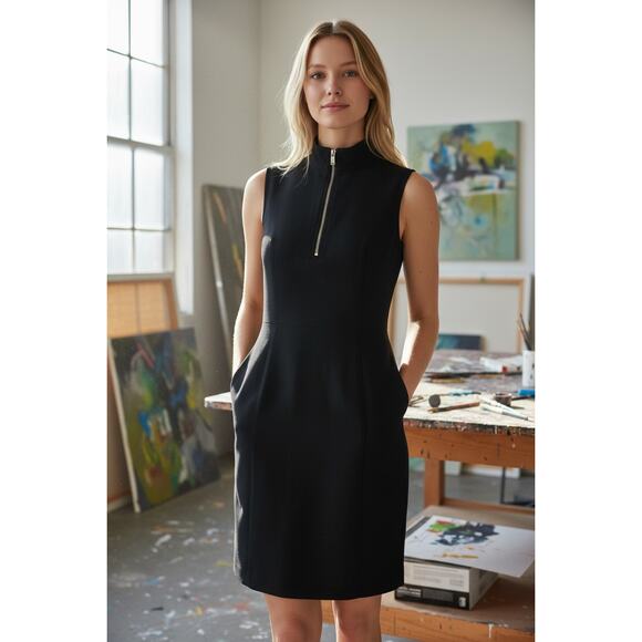 Michael Kors Collection Made in Italy Black Cotton Zip Front Sheath Dress Size 6 - Picture 2 of 9